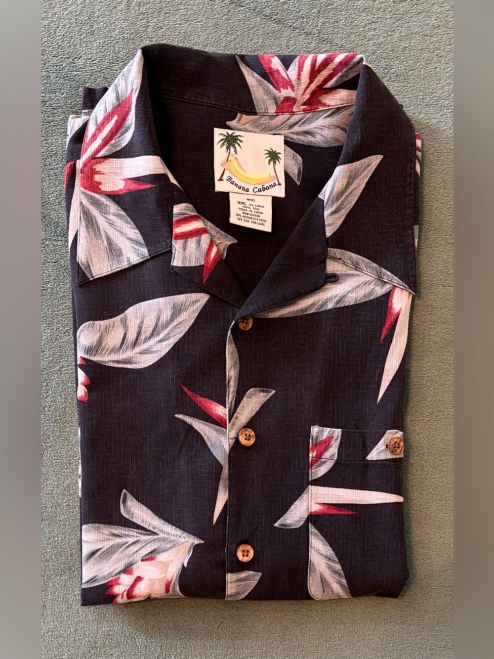 Banana Cabana Men’s Black 100% Silk Floral Camp Shirt, Size: XXL. (6342)